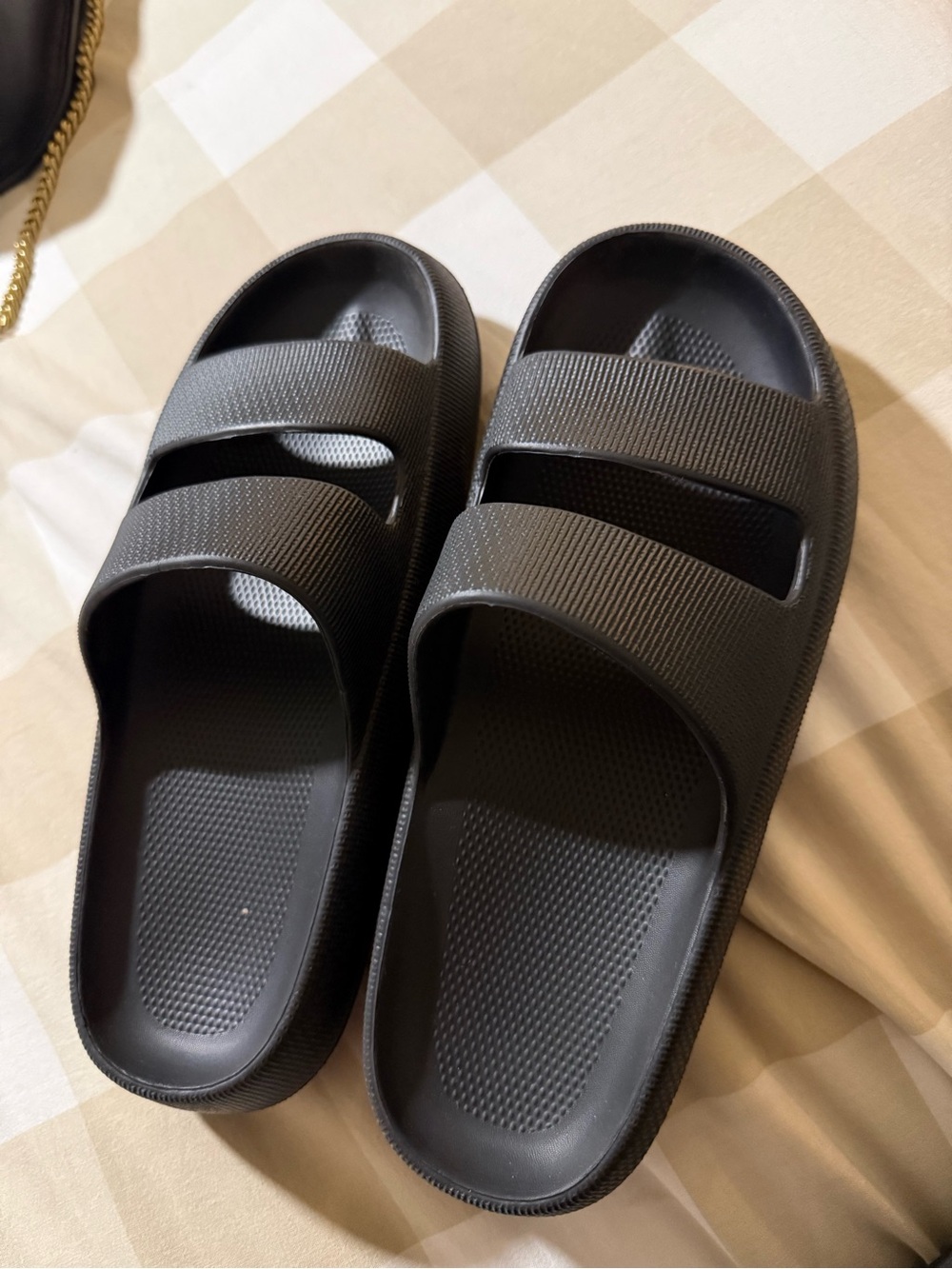 Qupid Black Double-Strap Slide Sandals